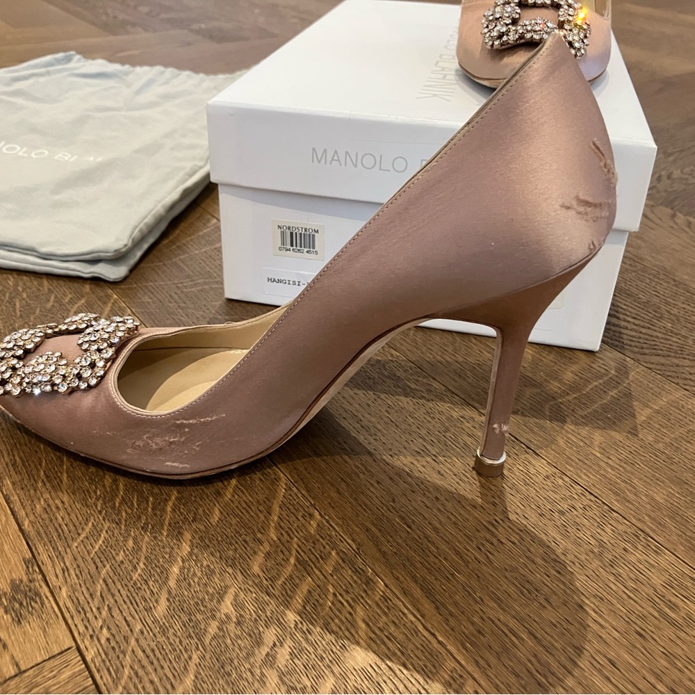 Manolo Blahnik Hangisi Flesh Satin Embellished Heels - Picture 3 of 4
